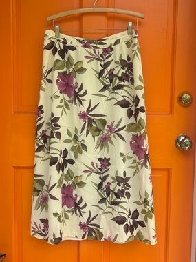 Floral Cream silk Midi Skirt with Purple and Olive Print